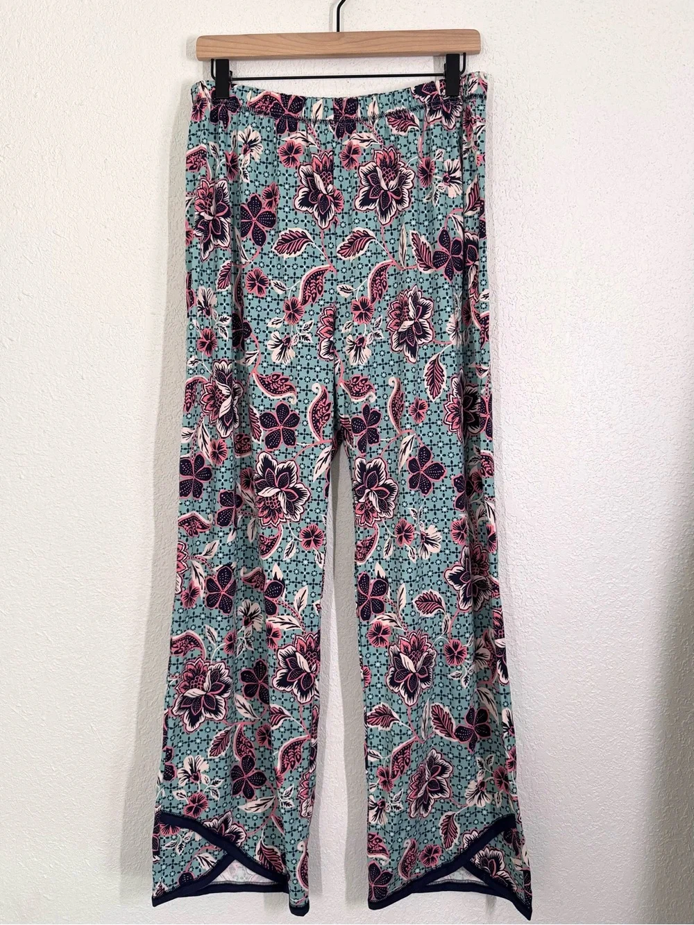 Garnet Hill Asian Wrap Organic Cotton Pajamas Long Set Blue Floral Large NEW - Picture 2 of 8